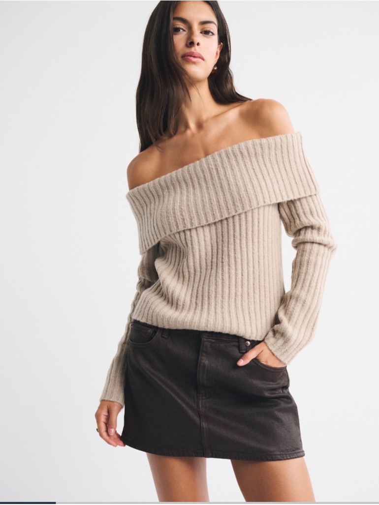 Abercrombie & Fitch Ribbed Off-The-Shoulder Sweater In Taupe